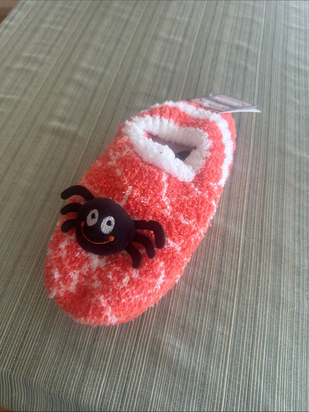 Children's Coral & White Fuzzy Slip-On Slippers with Spider Accent